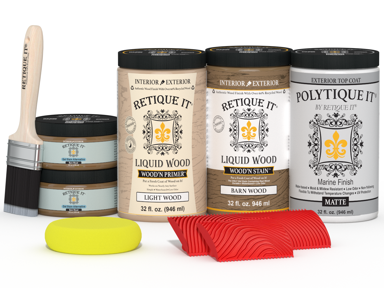 Large Barn Wood Wood'n Finish Kit by Retique It with matte exterior topcoat and tools for wood finishing projects.