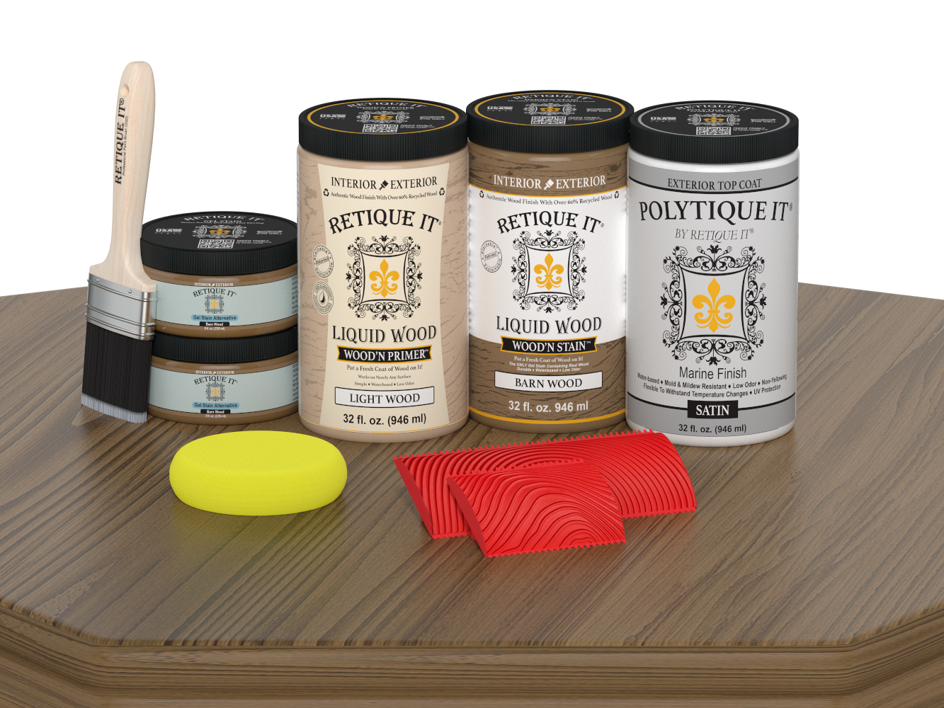 Large Barn Wood Wood'n Finish Kit by Retique It with satin exterior topcoat on a table surface, showcasing wood finish application.