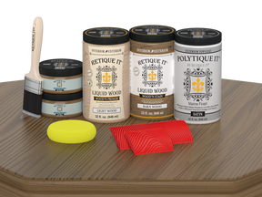 Large Barn Wood Wood'n Finish Kit by Retique It with satin exterior topcoat on a table surface, showcasing wood finish application.