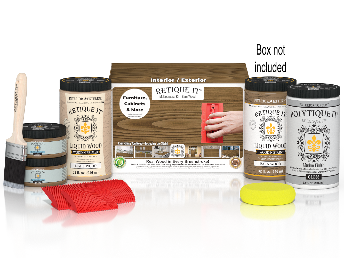 Large Barn Wood Wood'n Kit by Retique It with exterior topcoat and applicator brush for wood finishing projects.