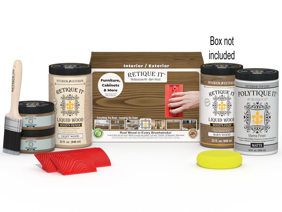 Large Barn Wood'n Kit by Retique It with wood finish and topcoat, shown with included applicator and packaging.