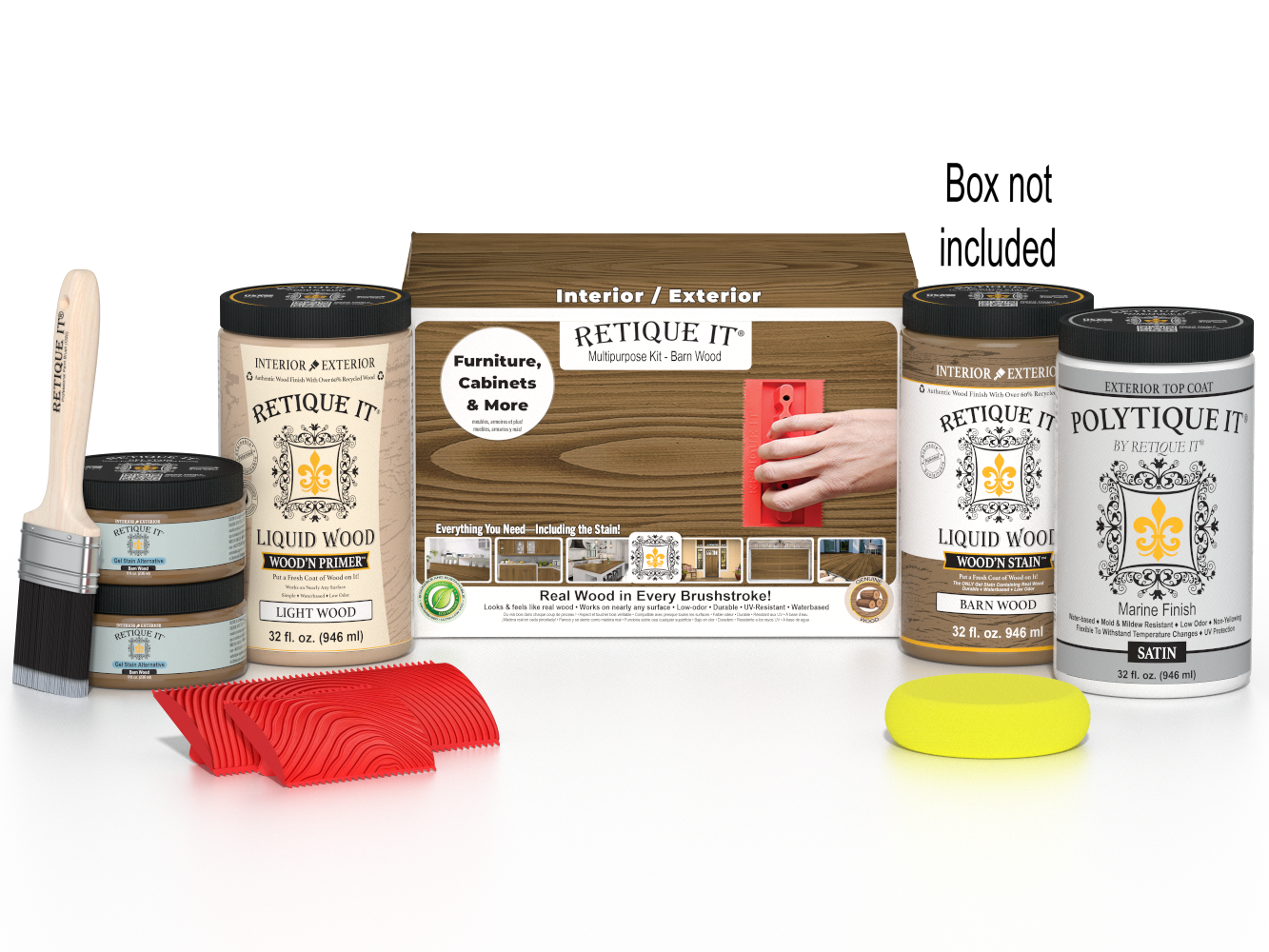 Large Barn Wood Wood'n Finish Kit by Retique It with exterior topcoat, includes wood stain and application tools in a box.