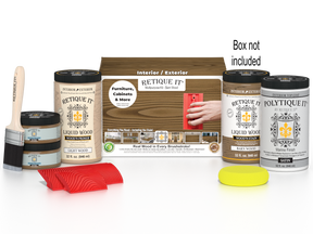 Large Barn Wood Wood'n Finish Kit by Retique It with exterior topcoat, includes wood stain and application tools in a box.
