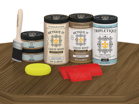 Retique It Wood'n Cabinet Kit with barn wood stain, satin finish, featuring 12 grained cabinet doors on a table surface.