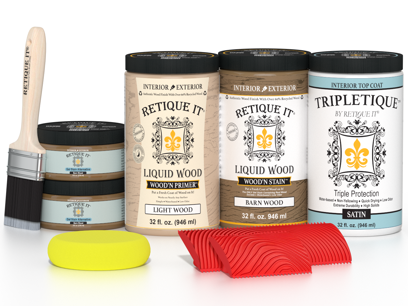 Large Barn Wood Wood'n Finish Kit by Retique It with satin interior topcoat, featuring wood grain and finishing tools.