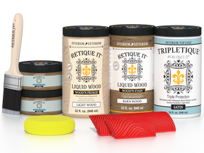 Large Barn Wood Wood'n Finish Kit by Retique It with satin interior topcoat, featuring wood grain and finishing tools.