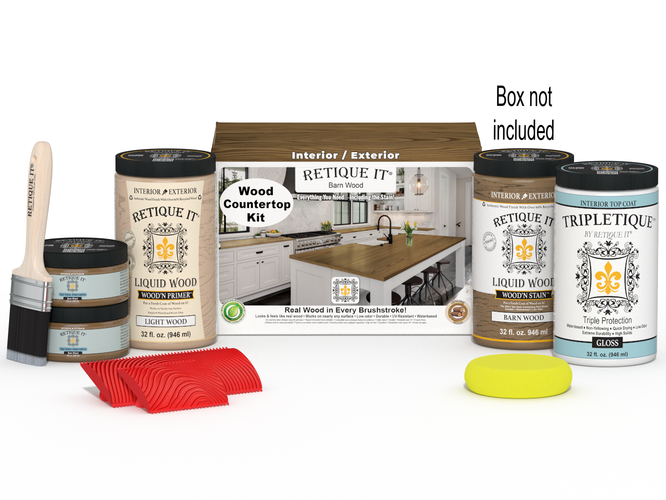 Retique It® barn wood stained countertop kit with full kitchen setup, showcasing a rustic wood finish on a polished surface.