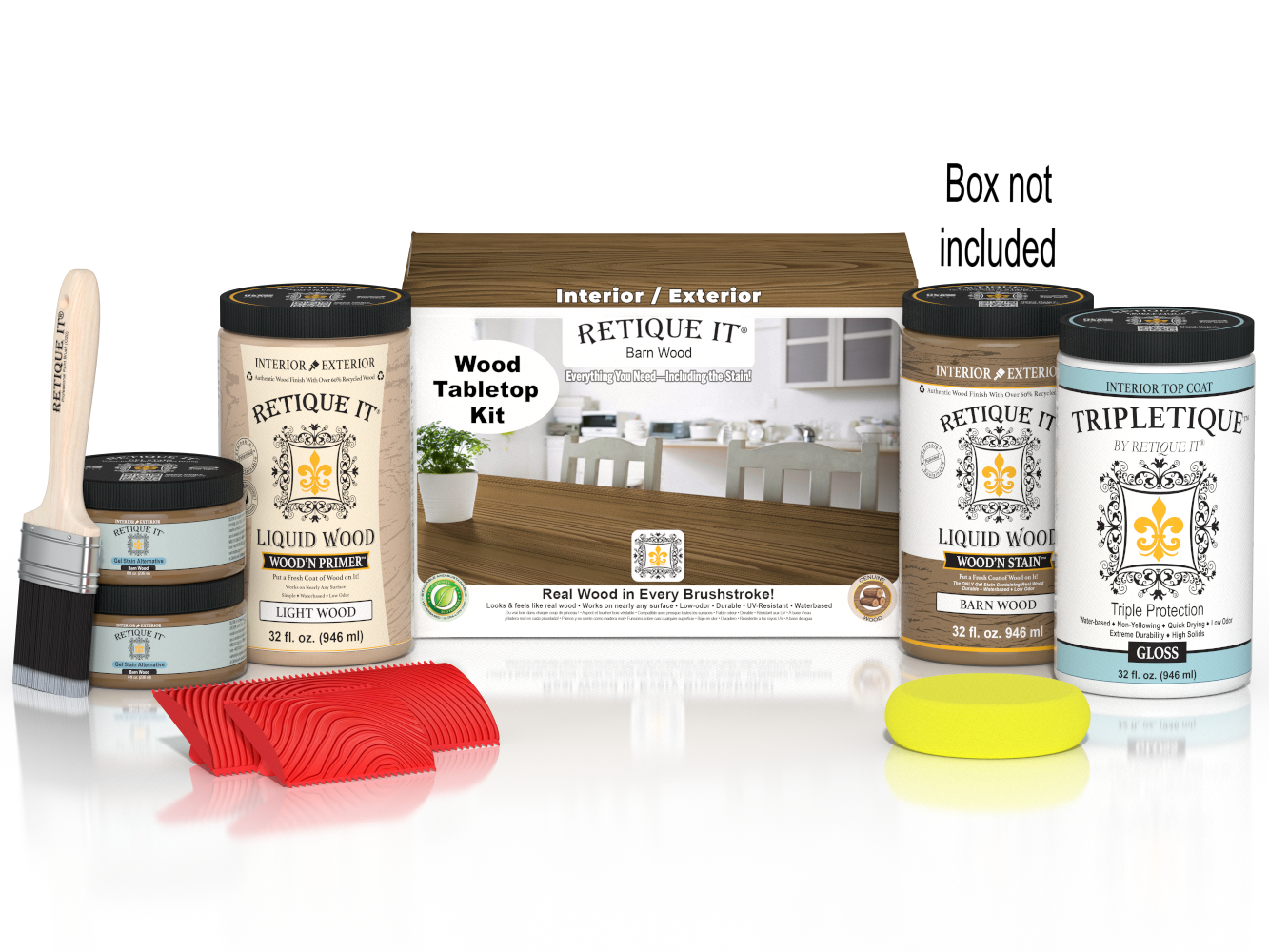 Retique It® Wood'n Finish Kit in Barn Wood stain, includes four large stain bottles for tabletop wood finishing.