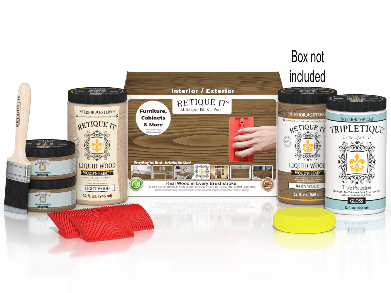 Large Barn Wood'n Kit by Retique It with interior topcoat, includes wood finish products and accessories in a box.