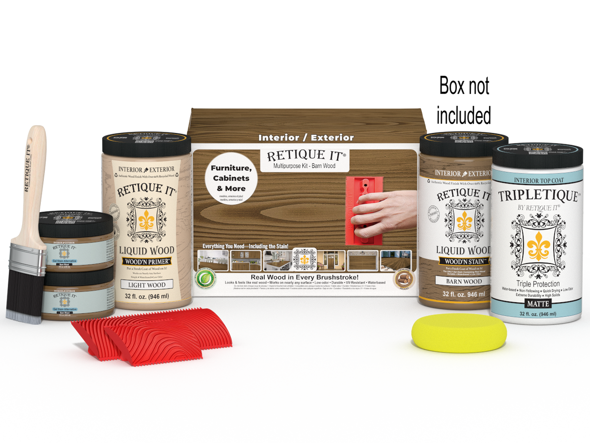 Large Barn Wood'n Kit by Retique It with interior topcoat and finishing supplies in a box for multi-purpose wood finishing projects.