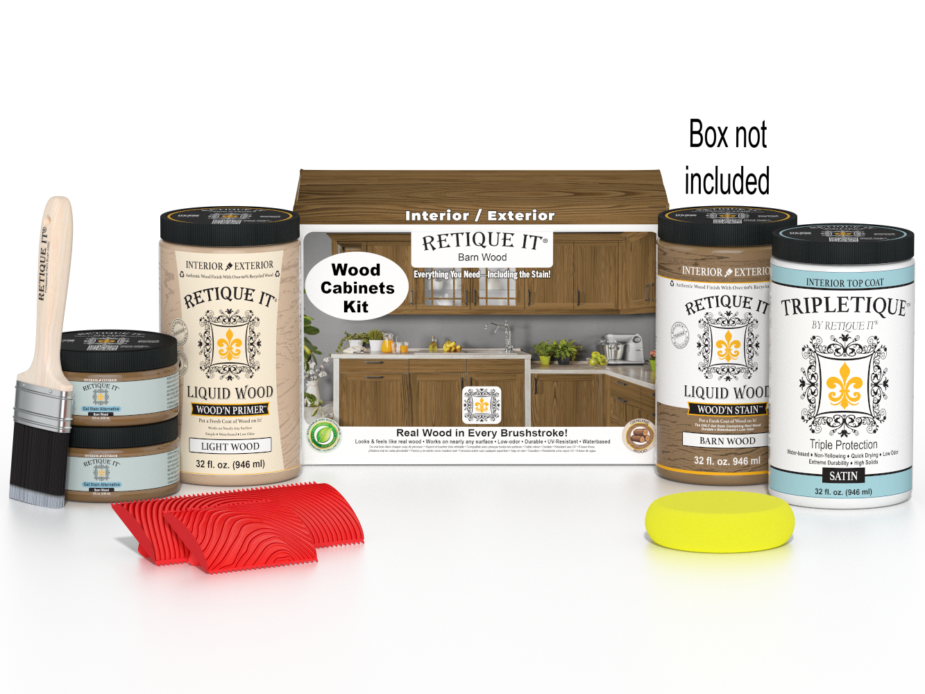 Retique It® Wood'n Cabinet Kit with 12 barn wood-stained cabinet doors, featuring a grained finish and stain application.