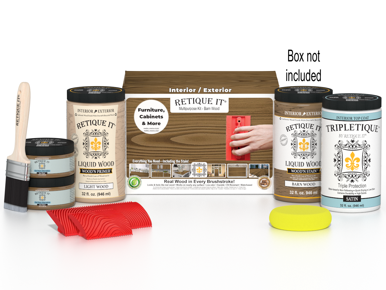 Large Barn Wood Wood'n Finish Kit by Retique It for interior topcoats, includes wood stain and finishing supplies in a box.