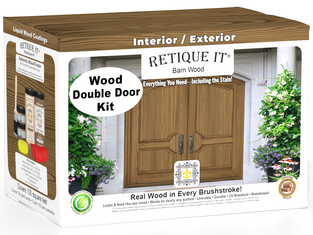 Double front door kit with barn wood finish by Retique It, featuring stained wood panels and decorative hardware.