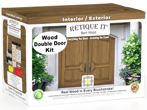 Double front door kit with barn wood finish by Retique It, featuring stained wood panels and decorative hardware.