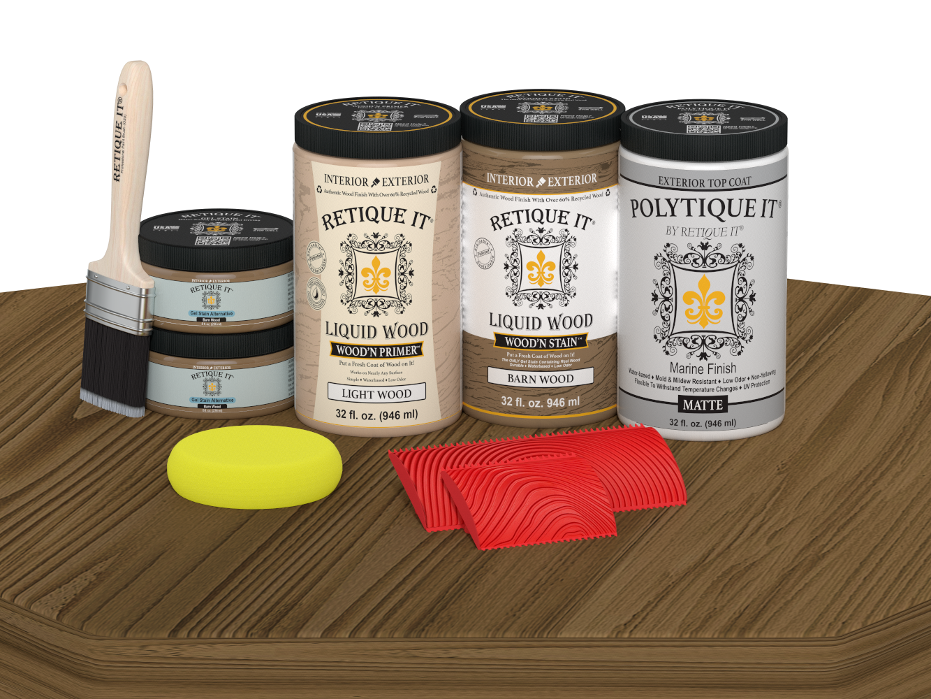 Retique It Wood'n Finish Front Door Kit (Double) in Barn Wood stain with matte finish, displayed on a table.