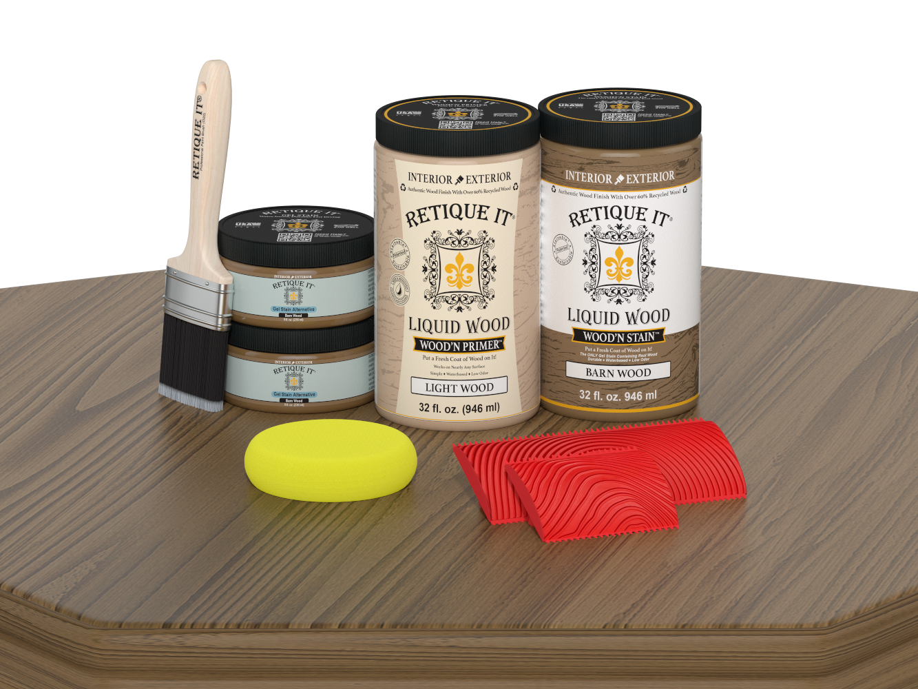 Large Barn Wood Wood'n Finish Kit by Retique It with wood stain and finish products on a table, ideal for multi-purpose woodworking projects.