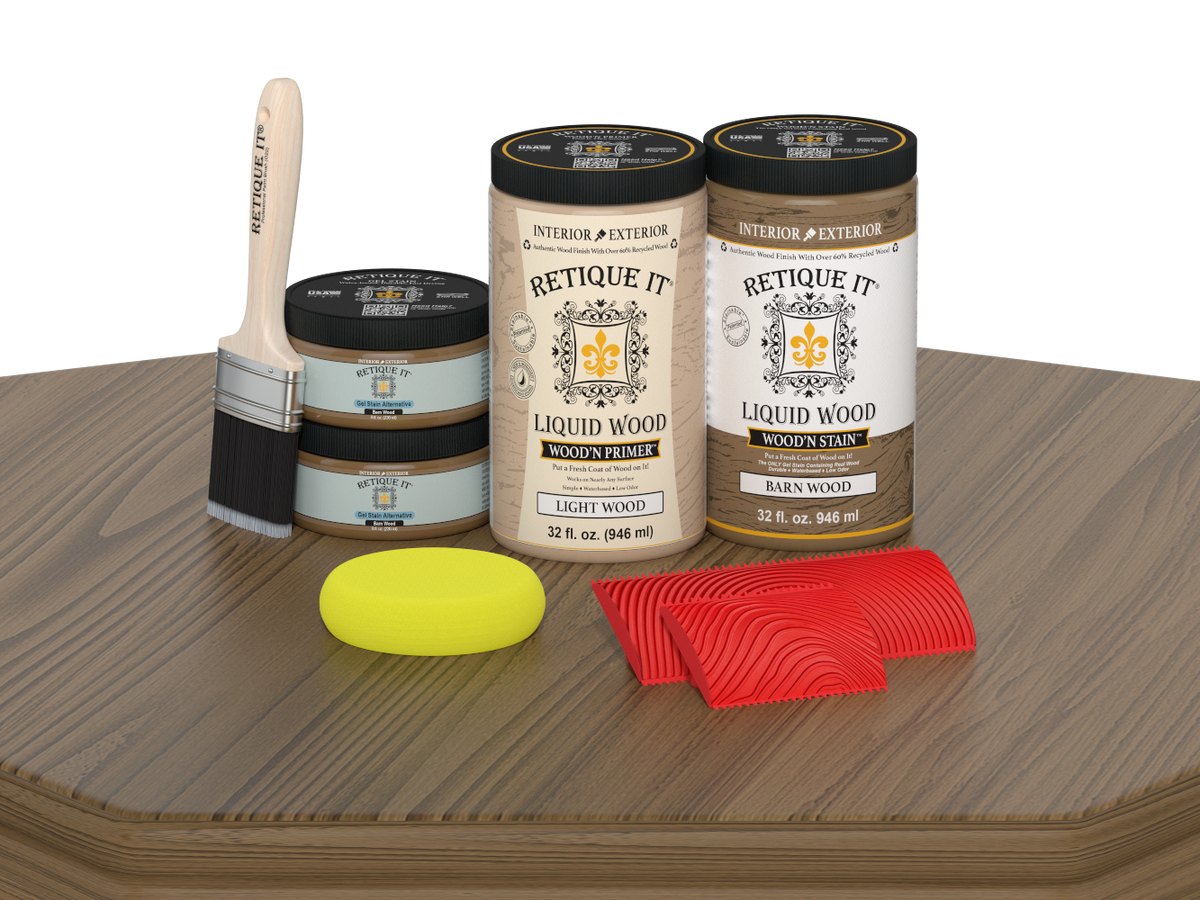 Retique It® Wood'n Cabinet Kit with 12 grained barn wood stains, featuring natural wood grain details on cabinet doors.
