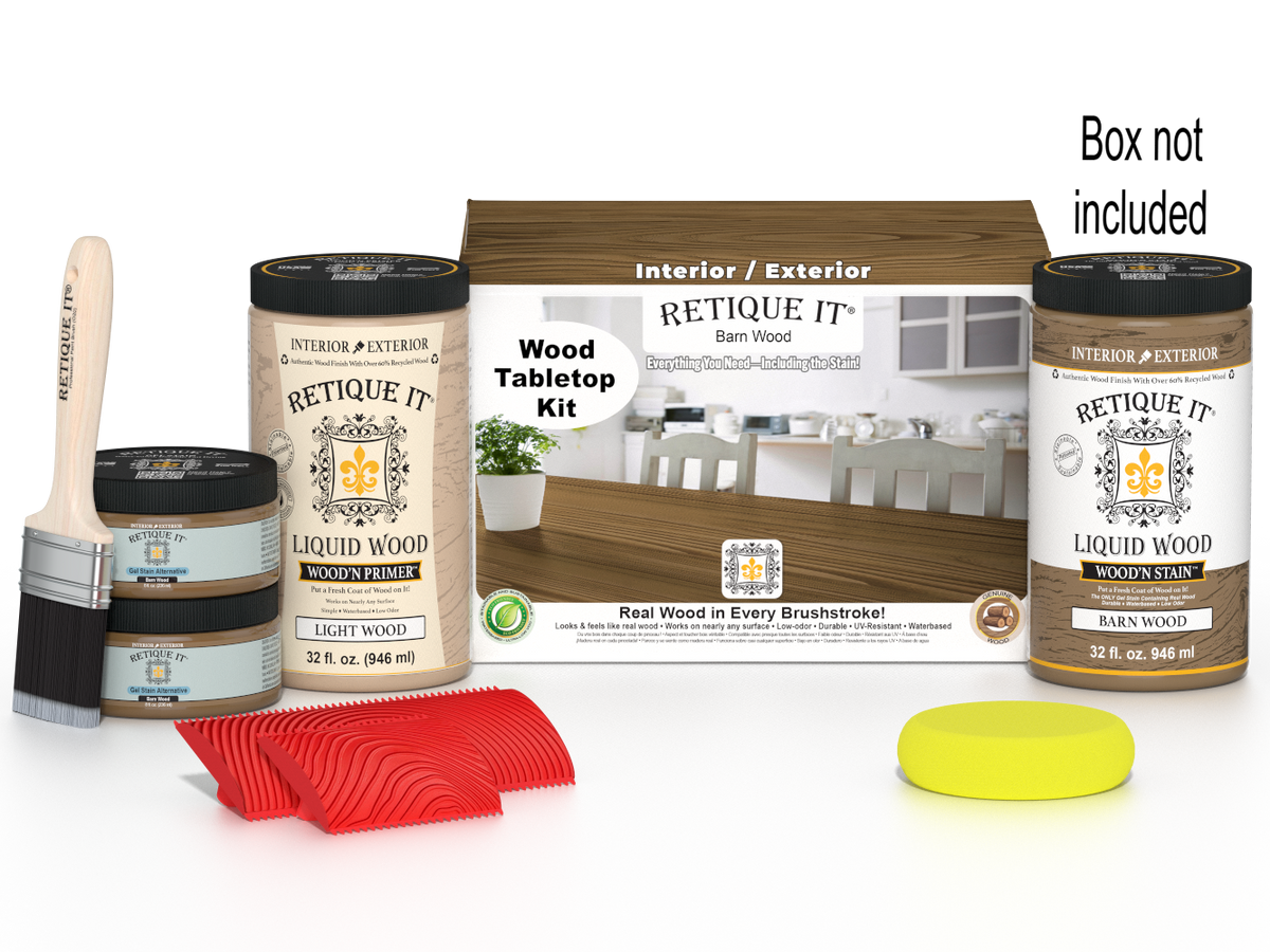 Retique It® Wood'n Finish Kit for tabletops, includes four large barn wood stain bottles, with a box showing the product.