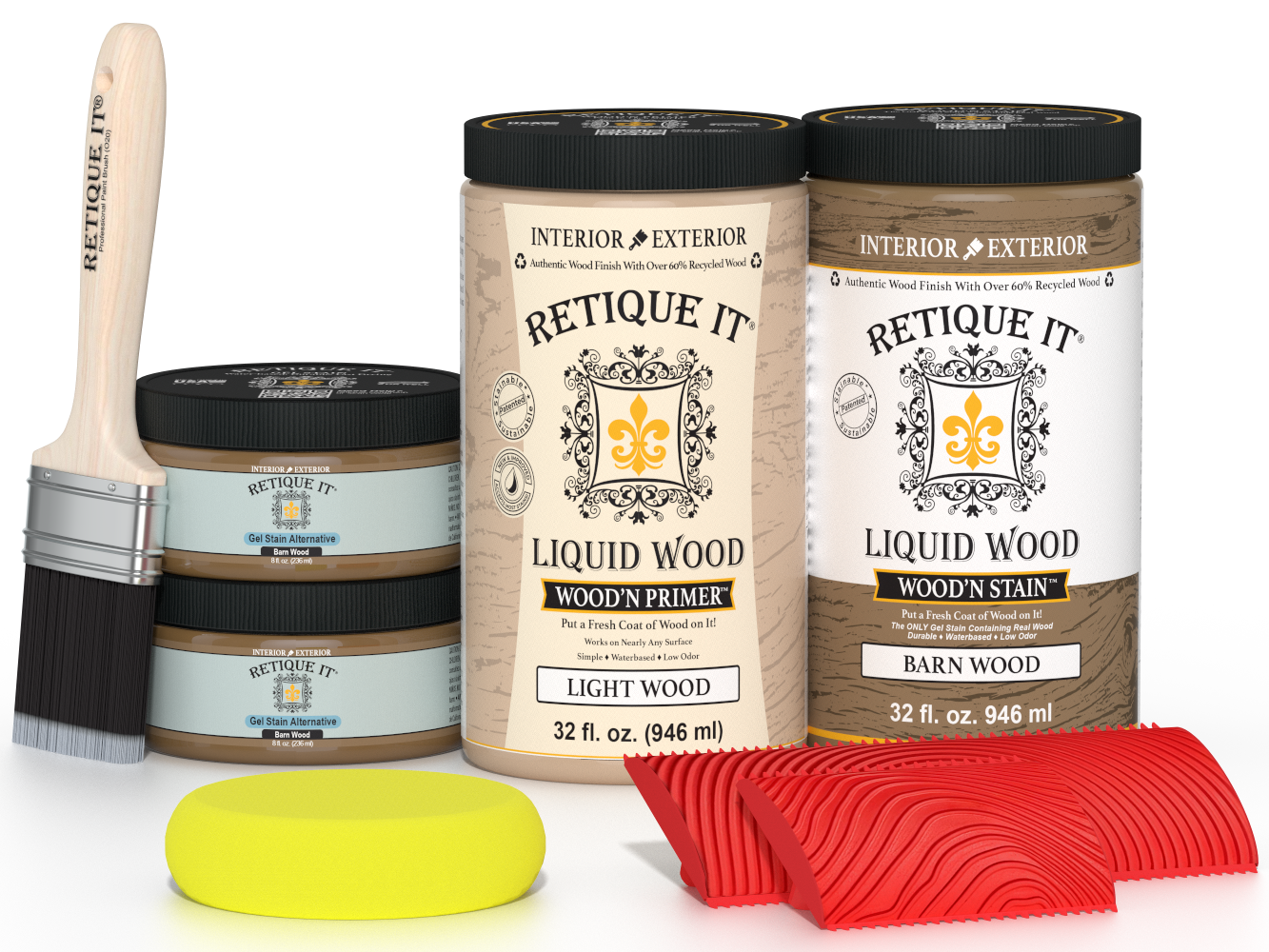 Large Barn Wood Multi-purpose Wood'n Finish Kit by Retique It featuring wood finish application tools and sample wood panels.