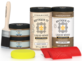 Large Barn Wood Multi-purpose Wood'n Finish Kit by Retique It featuring wood finish application tools and sample wood panels.