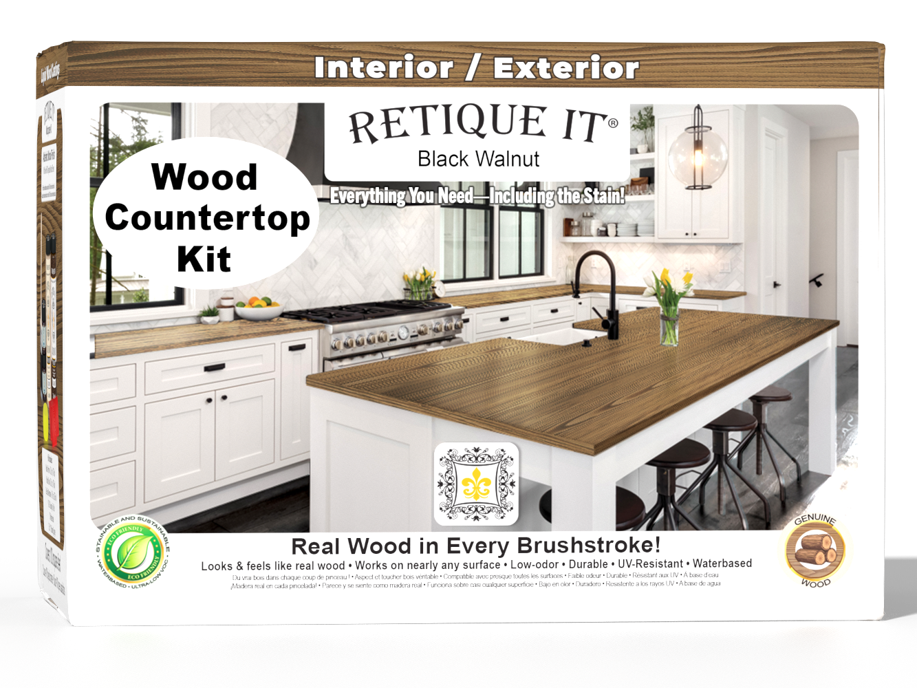 Retique It® black walnut countertop stain kit with applicator and wood sample for full kitchen renovation.