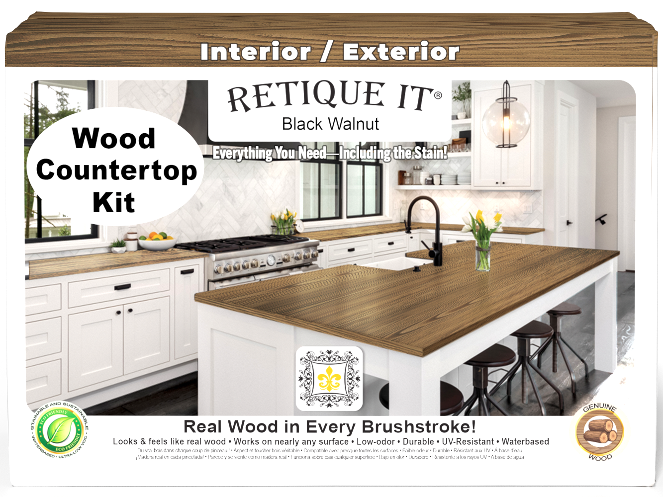 Retique It® black walnut countertop kit for full kitchen, featuring natural wood stain with smooth, finished surface.
