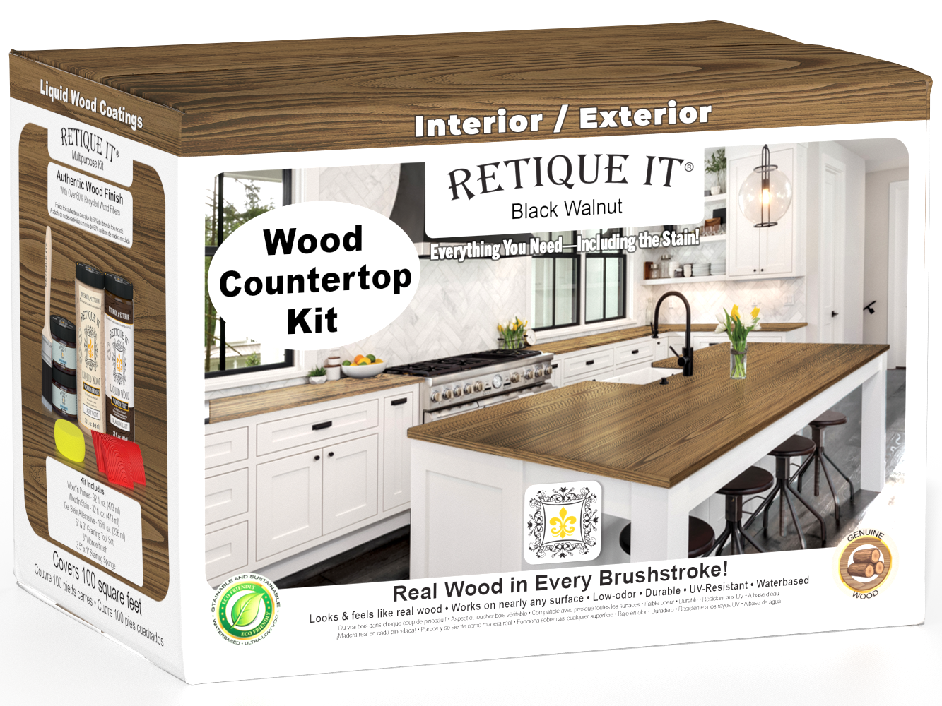 Black Walnut countertop kit by Retique It® featuring stains for full kitchen countertop refinishing.