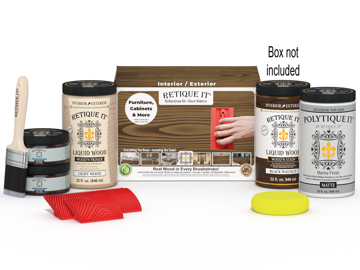 Large Black Walnut Wood'n Finish Kit by Retique It® with exterior top coat and applicator palette for wood finishing projects.