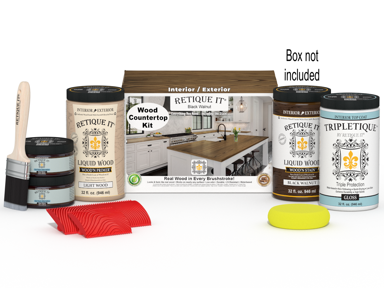 Retique It® Black Walnut countertop stain kit for full kitchen countertops, showing stain bottles and application tools.
