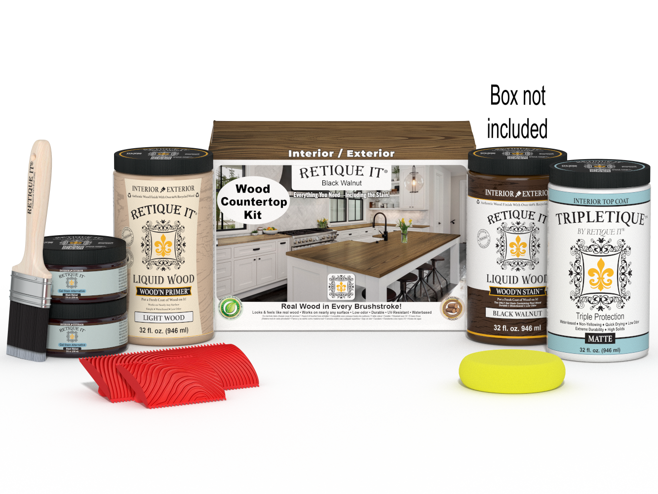 Retique It® black walnut countertop kit with stains, includes tools and materials for full kitchen countertop finishing.