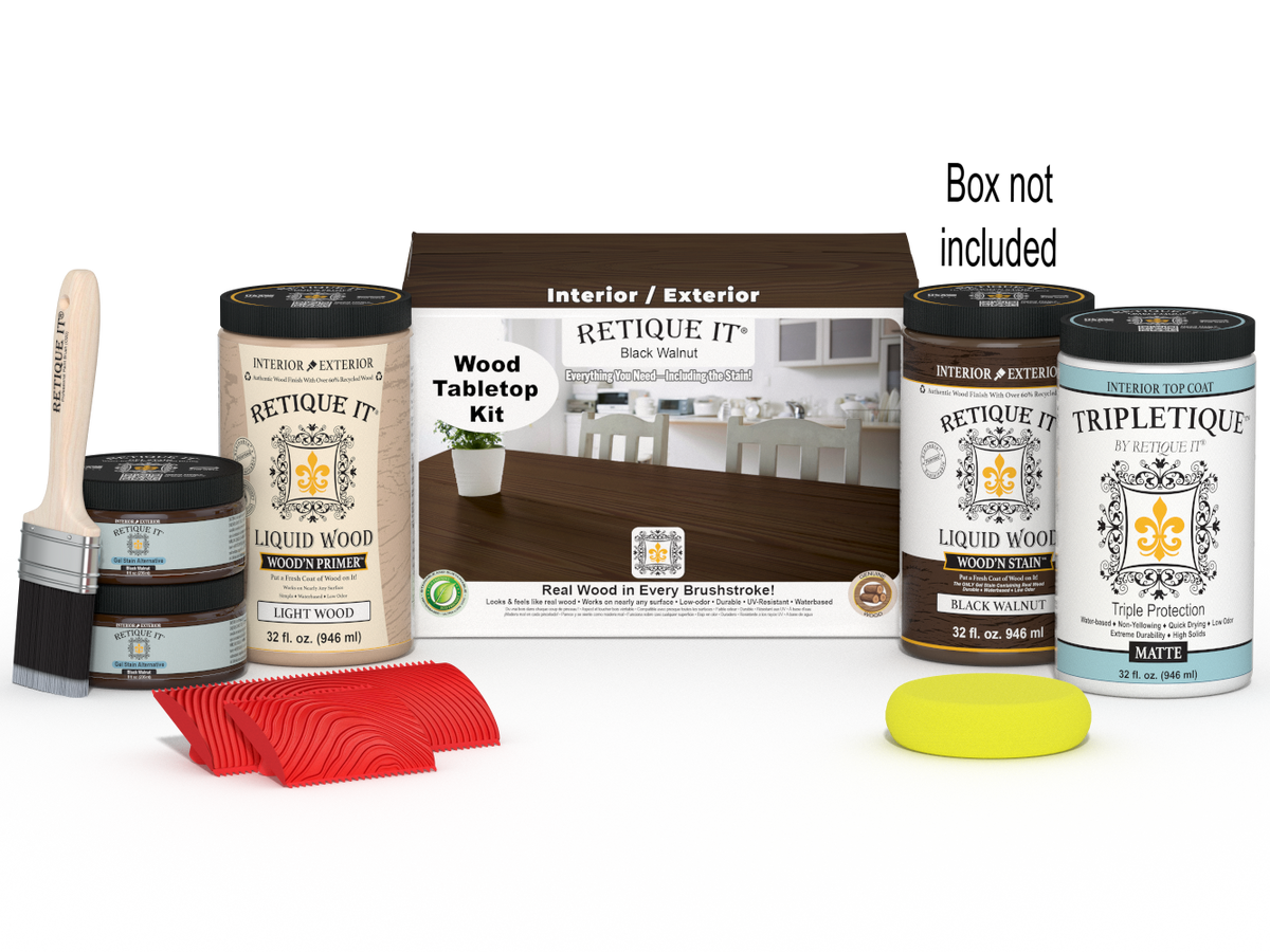 Retique It® Wood'n Finish Kit with four large black walnut stain bottles and applicator box for tabletop wood finishing.