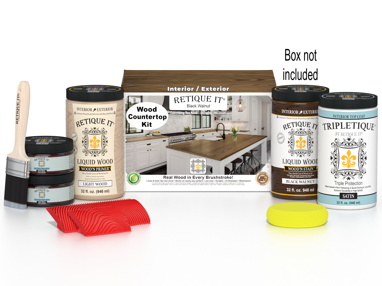 Retique It® black walnut countertop kit stain with a box and sample swatches, designed for full kitchen countertop projects.