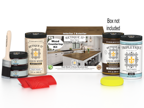 Retique It® black walnut countertop kit stain with a box and sample swatches, designed for full kitchen countertop projects.