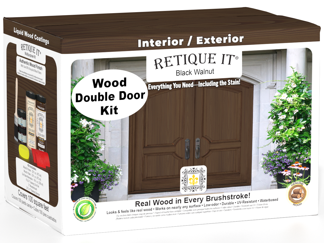 Retique It Wood'n Finish front door kit in black walnut stain for double doors, showcasing rich wood grain and smooth finish.