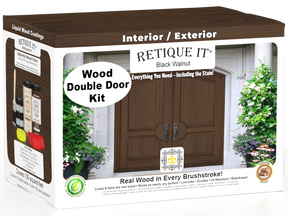 Retique It Wood'n Finish front door kit in black walnut stain for double doors, showcasing rich wood grain and smooth finish.