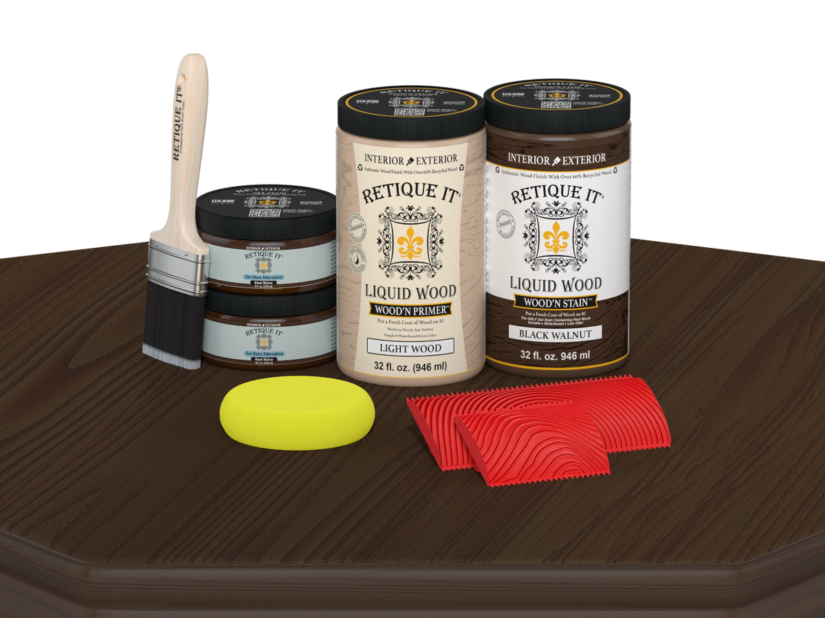 Retique It® Wood'n Cabinet Kit with 12 black walnut stained doors, showcasing grained wood finish on a table.