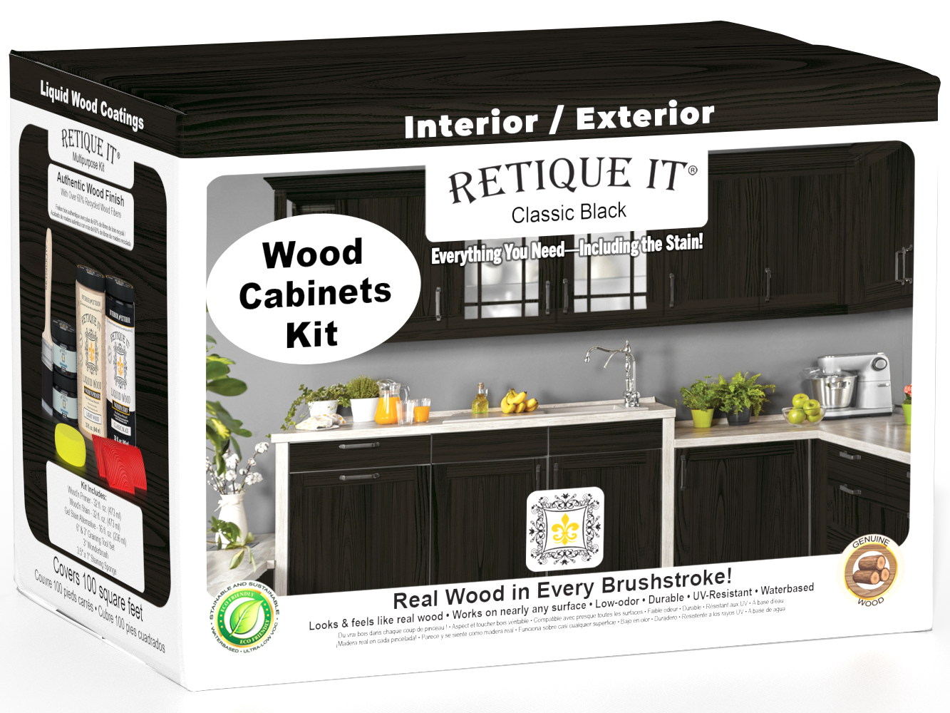 Retique It Wood'n Cabinet Kit with 12 grained doors in classic black stain, showcasing a sleek, modern cabinet design.