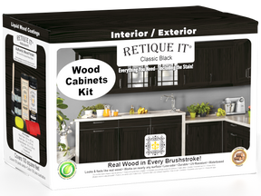 Retique It Wood'n Cabinet Kit with 12 grained doors in classic black stain, showcasing a sleek, modern cabinet design.