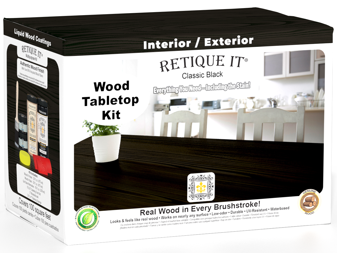 Retique It Wood'n Finish Kit with four large black stain bottles for wood furniture and tabletop finishing.