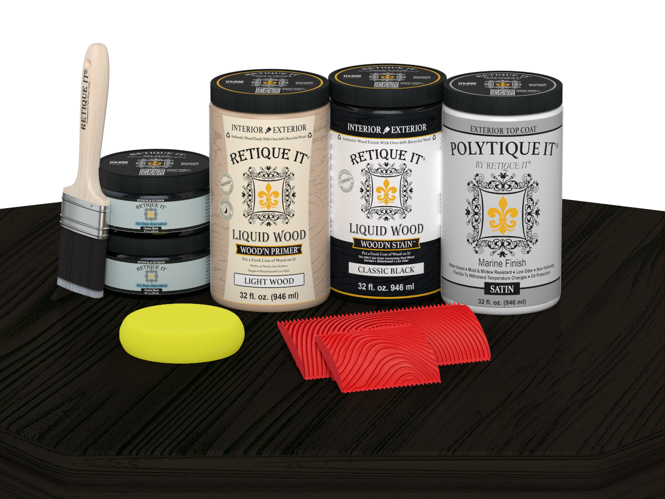 Retique It Wood'n Finish Front Door Kit in classic black stain, satin finish, for double front doors, shown on a table.