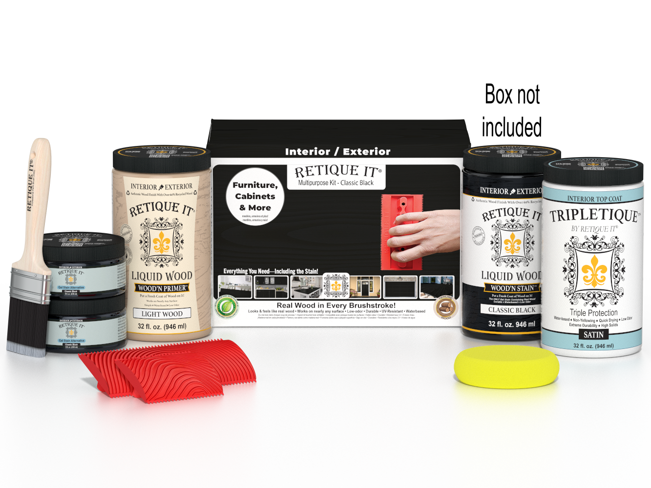 Large Black Wood'n Kit by Retique It® with top coat for wood finishing, including brushes and application tools in a box.