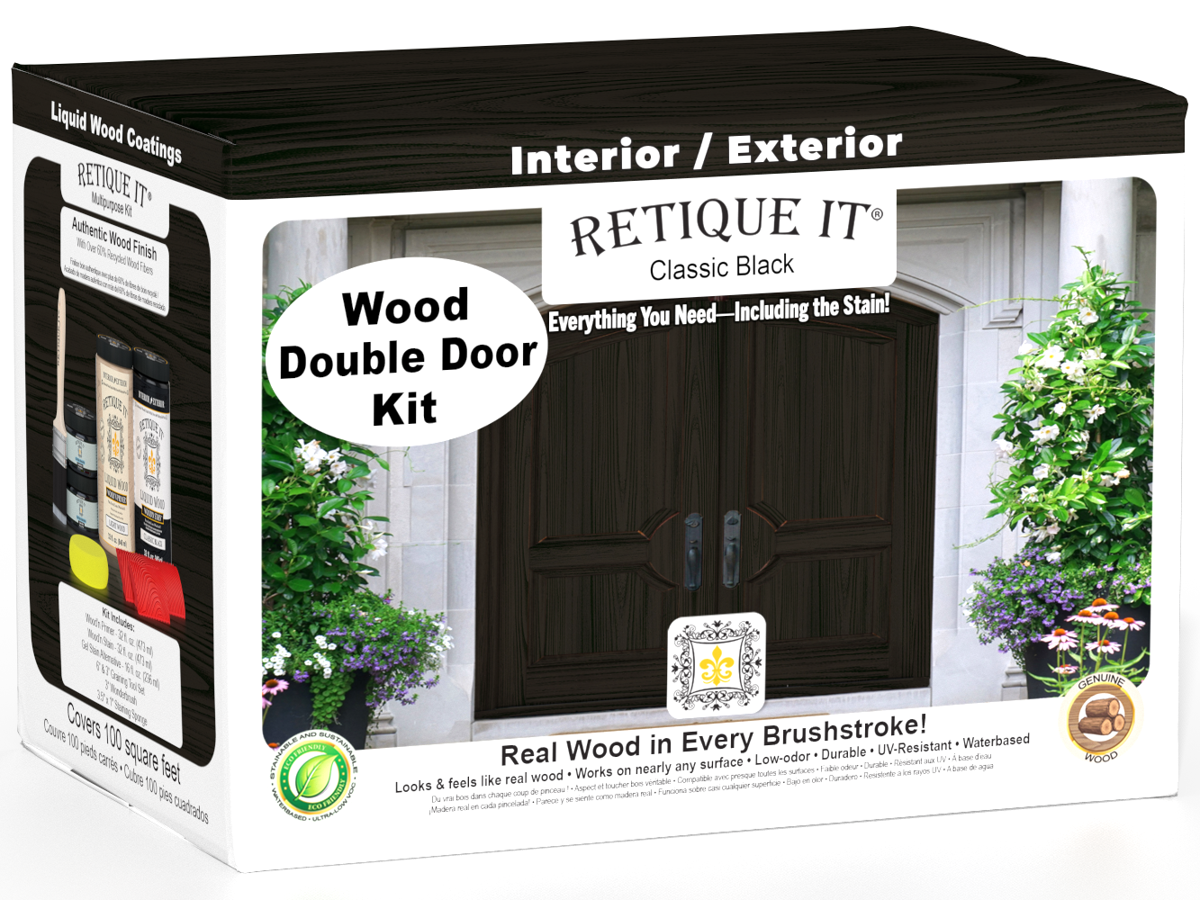 Retique It Wood'n Finish front door kit in classic black, double door with stained wood finish and black accents.