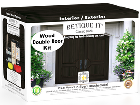 Retique It Wood'n Finish front door kit in classic black, double door with stained wood finish and black accents.