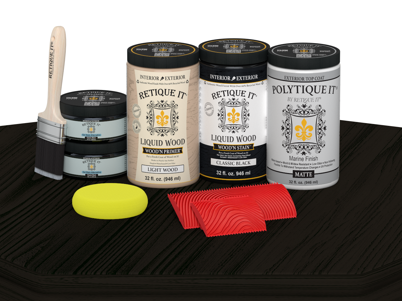 Retique It Wood'n Finish front door kit in classic black stain, double door with matte finish on a table.