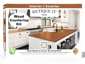 Retique It® Cedar countertop kit with stains, showing a full kitchen countertop in natural cedar finish and detailed 3D box view.