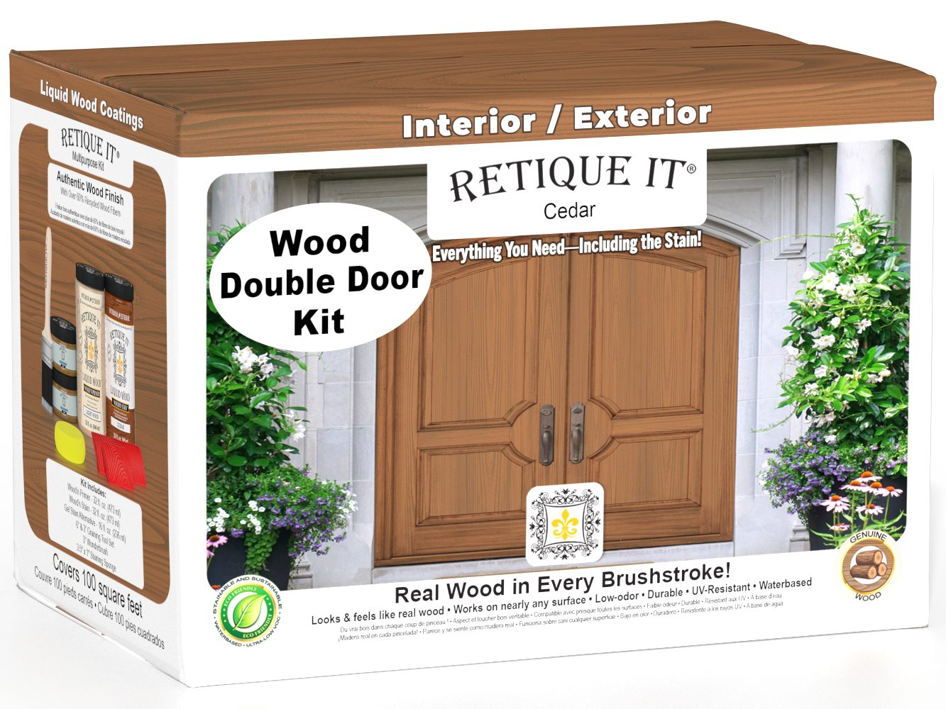 Retique It Wood'n Finish cedar double front door kit with stain, showcasing the natural wood grain and finished surface.