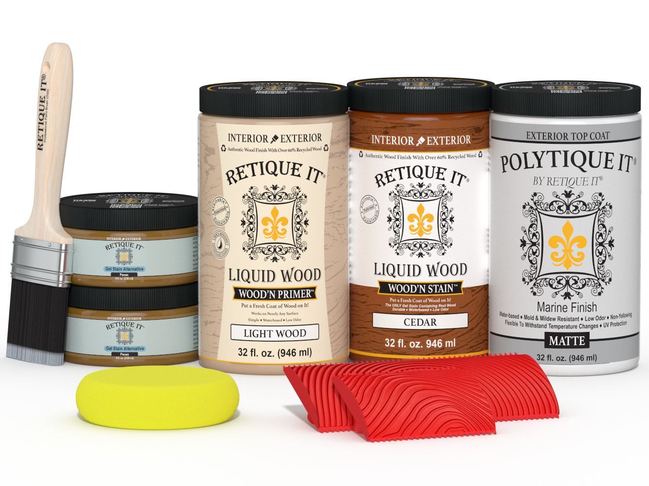 Large Cedar Wood'n Finish Kit by Retique It® with exterior top coat in matte finish, includes wood treatment and application tools.