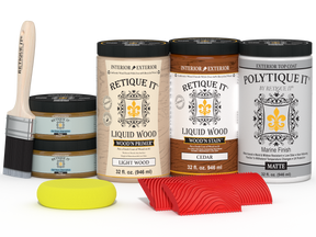 Large Cedar Wood'n Finish Kit by Retique It® with exterior top coat in matte finish, includes wood treatment and application tools.