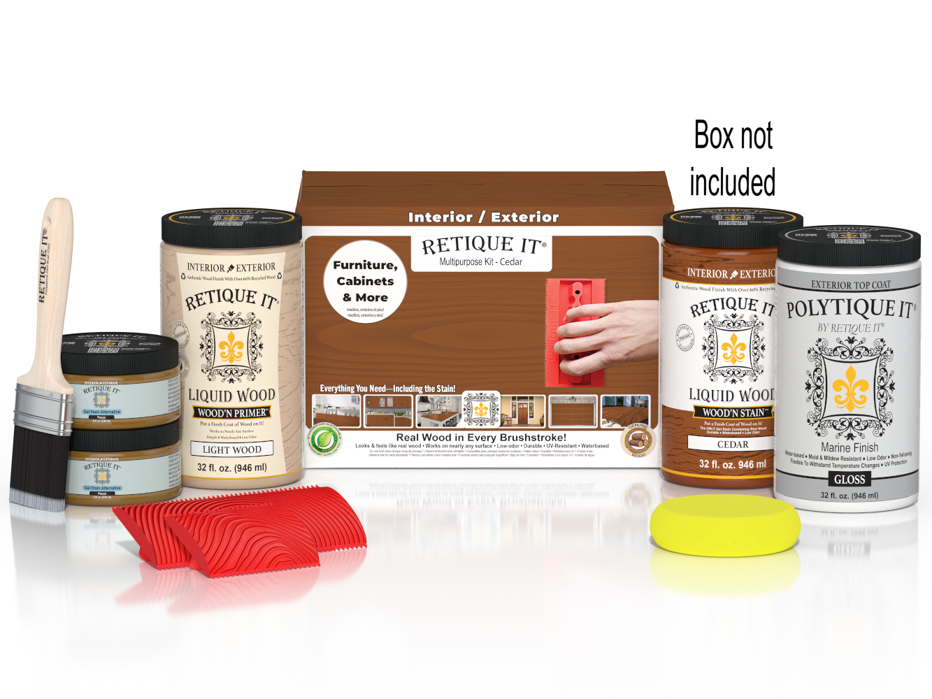 Large Cedar Wood'n Finish Kit by Retique It® with exterior top coat for outdoor wood projects and protection.
