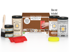 Large Cedar Wood'n Finish Kit by Retique It® with exterior top coat, includes wood finish products and application tools.